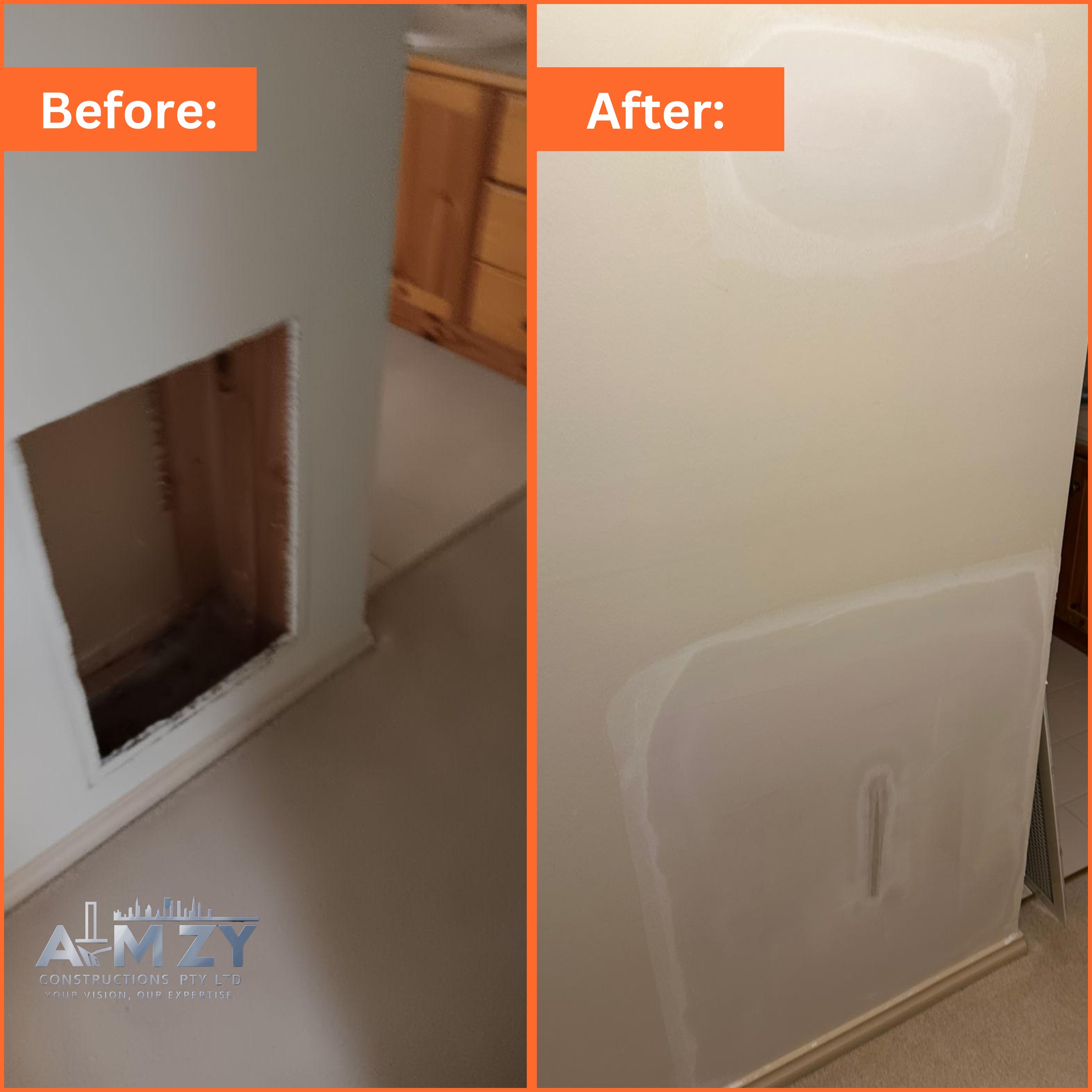 Wall access hole professionally patched and blended.